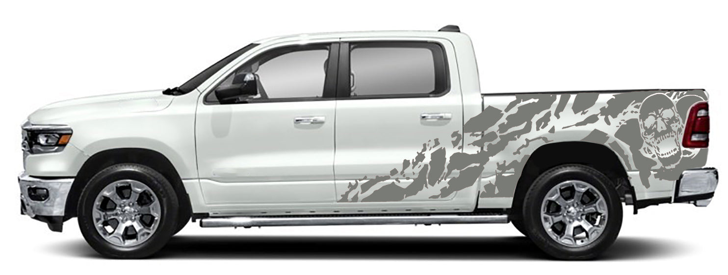 shredded skull side graphics for dodge ram 2018 to 2023 models gray