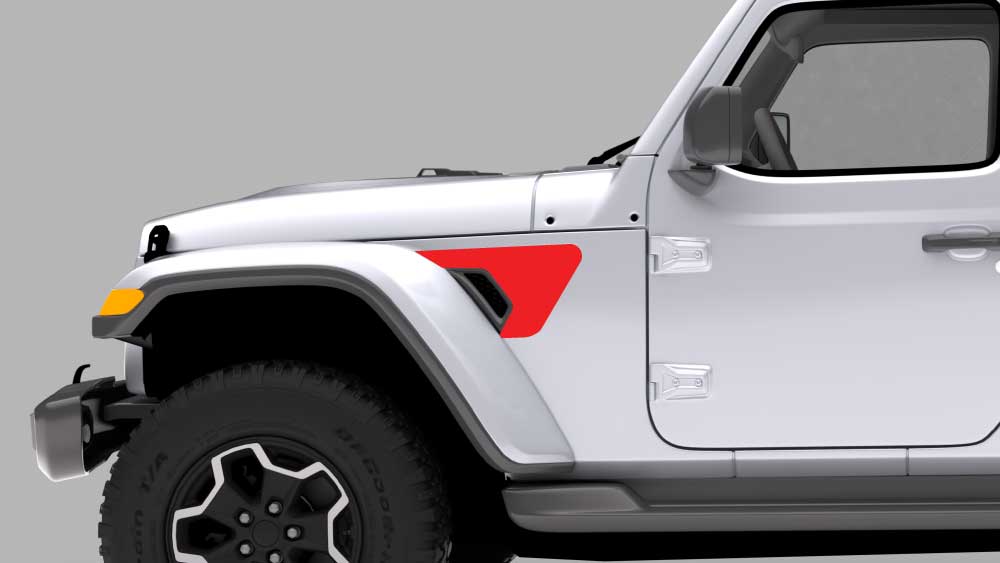 Jeep Wrangler JL JLU solid fender vent decal on silver Jeep (red vinyl)