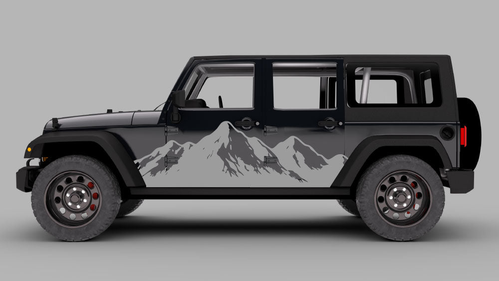 Black Jeep Wrangler JK with Summit Peak mountain side door decals in gray