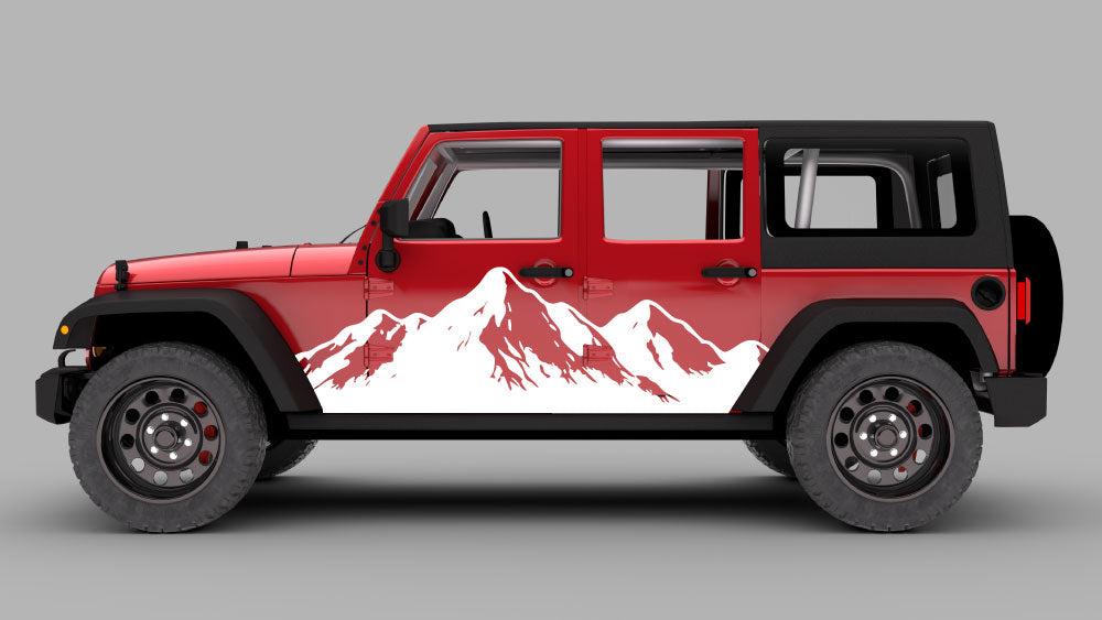 Red Jeep Wrangler JK with Summit Peak mountain door decals in white on both doors