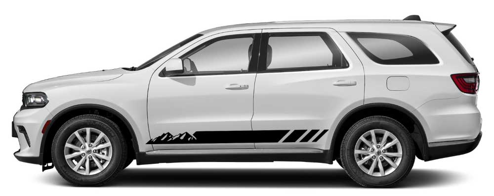 White Dodge Durango with black Summitline mountain rocker stripe decals and three slashes on lower doors