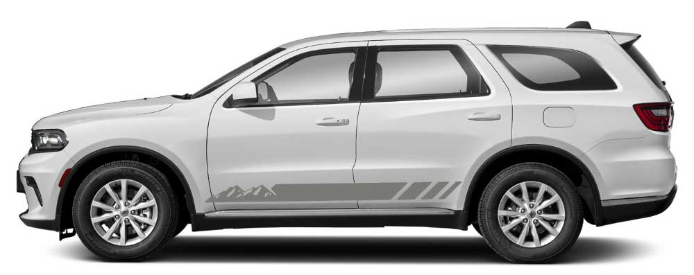 White Dodge Durango with gray Summitline mountain rocker stripe decals and three slashes on lower doors