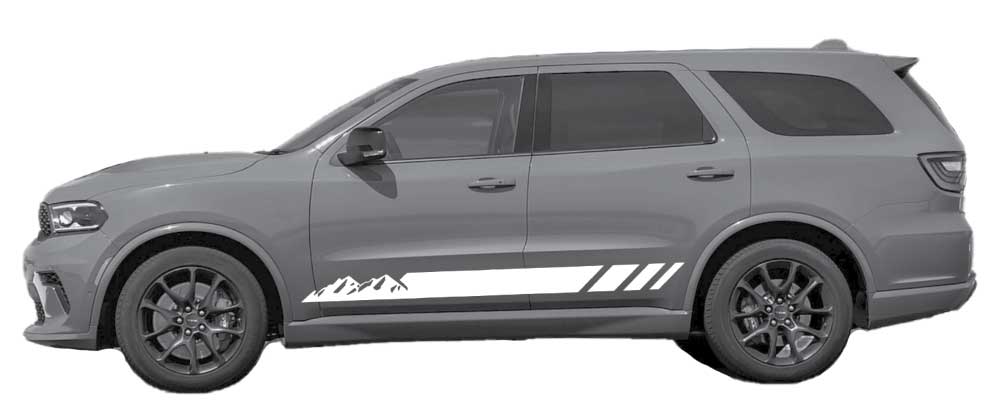 Gray Dodge Durango with white Summitline mountain rocker stripe decals and three slashes on lower doors
