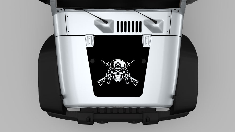 Tactical skull and crossed rifles hood decal on white Jeep Wrangler JK with black hood wrap