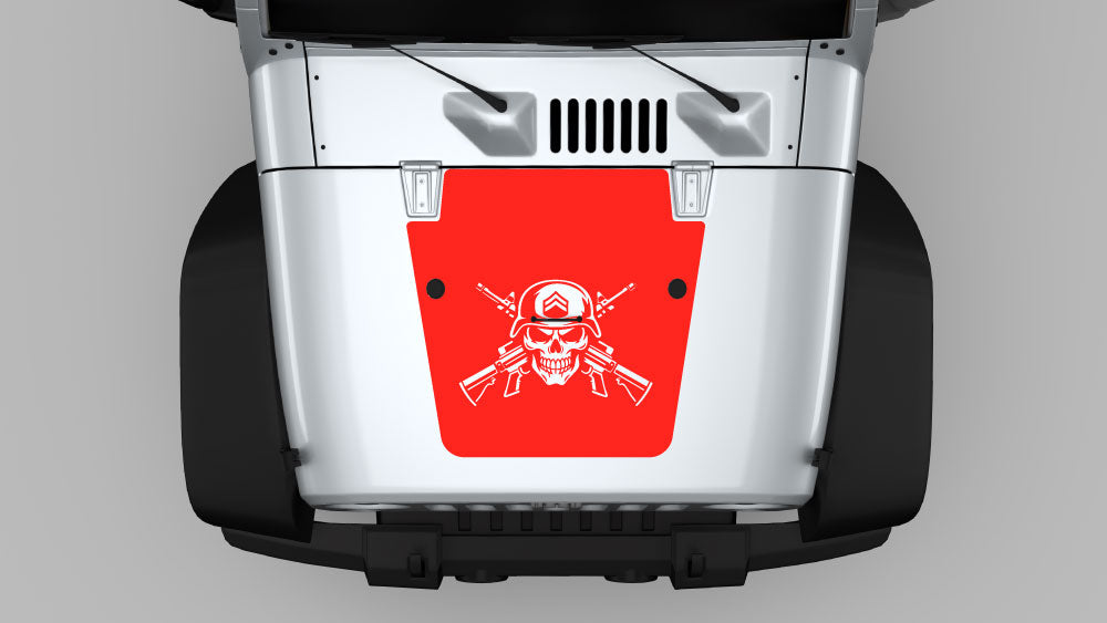 Red tactical skull and crossed rifles hood decal graphics on white Jeep Wrangler JK hood