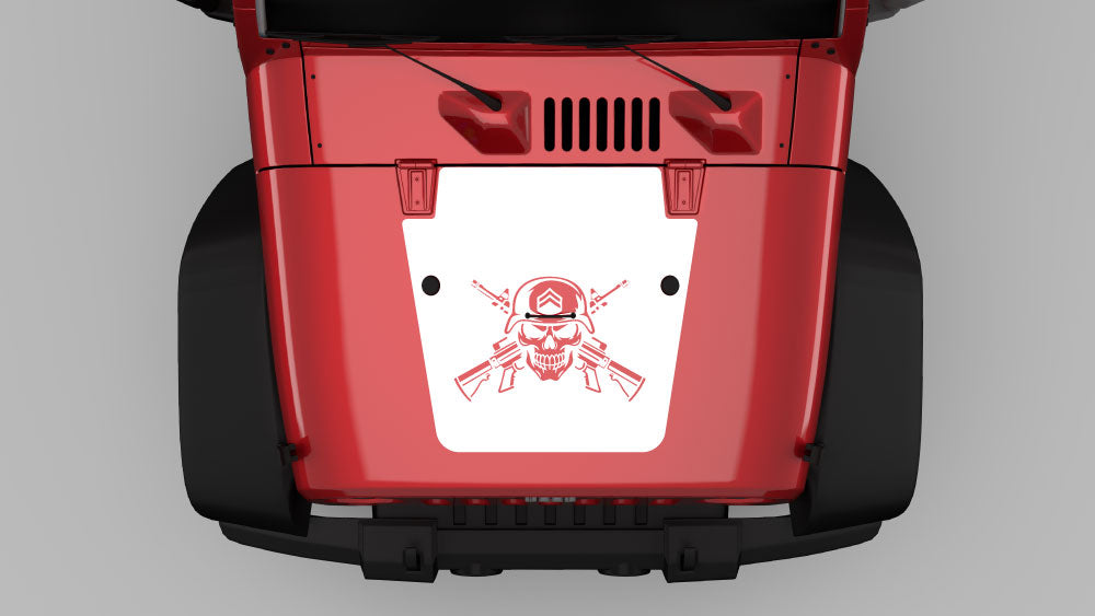 White tactical skull and crossed rifles hood decal graphics on red Jeep Wrangler JK hood