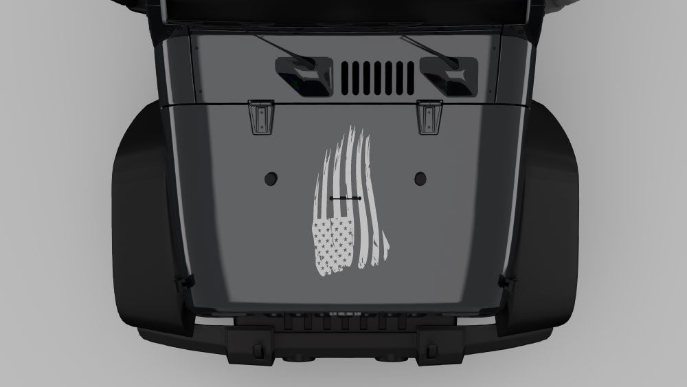Gray Jeep Wrangler JK hood with Torn Vertical American Flag hood decal in white/gray distressed style.