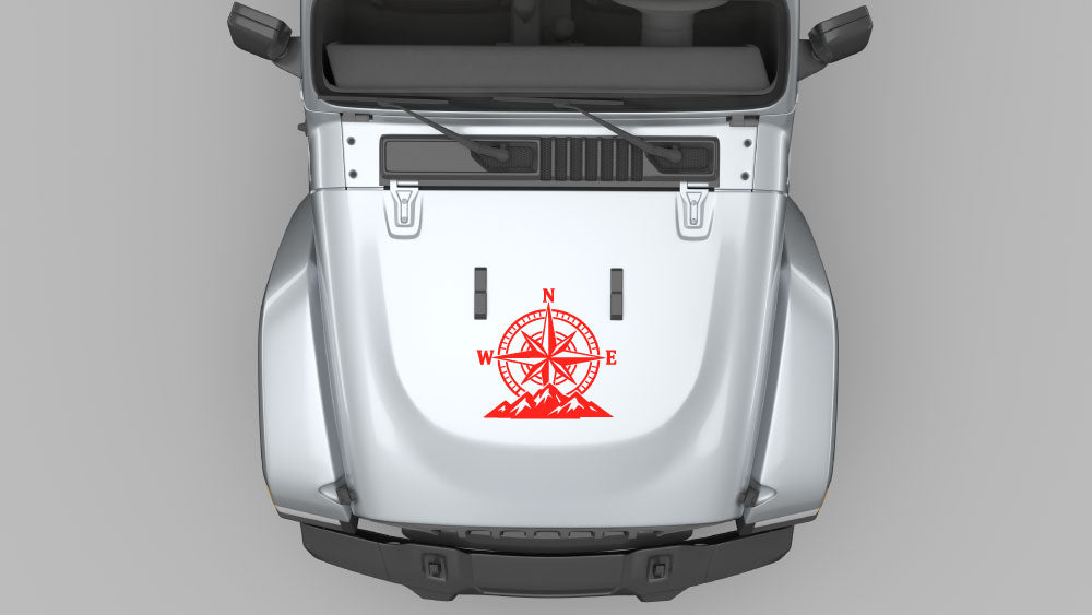 Red trail compass hood decal graphics on silver Jeep Wrangler JL hood