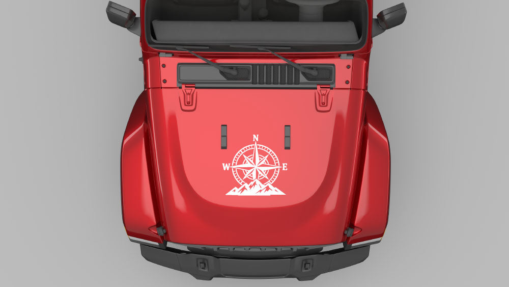 White trail compass hood decal graphics on red Jeep Wrangler JL hood