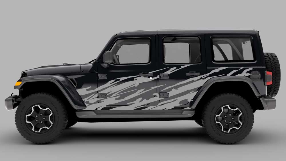 Gray Trail Ripped Side Decal on black Jeep Wrangler JL/JLU (full side view)