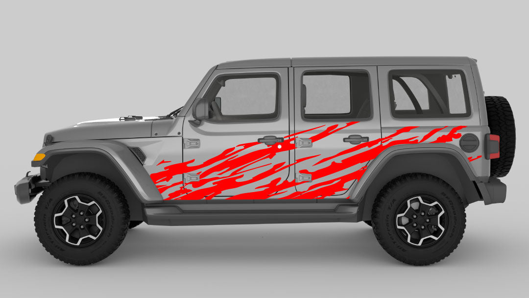 Red Trail Ripped Side Decals on Gray Jeep Wrangler JL