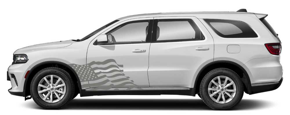 Dodge Durango 3rd gen side profile showing gray USA flag front door decal graphics installed on the front door.