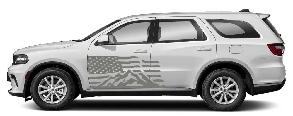 Dodge Durango side view with gray USA flag mountains door decal vinyl graphic.