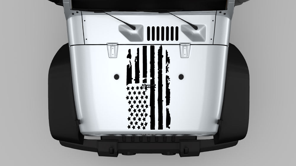 Vertical liberty American flag hood decal graphic on Jeep Wrangler JK