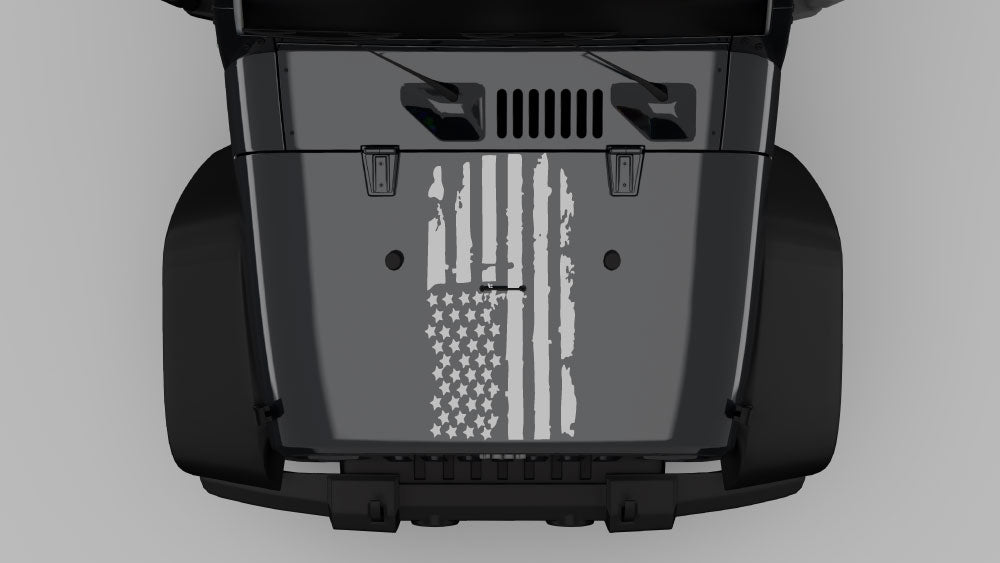 Gray vertical liberty flag hood decal on black Jeep Wrangler JK hood