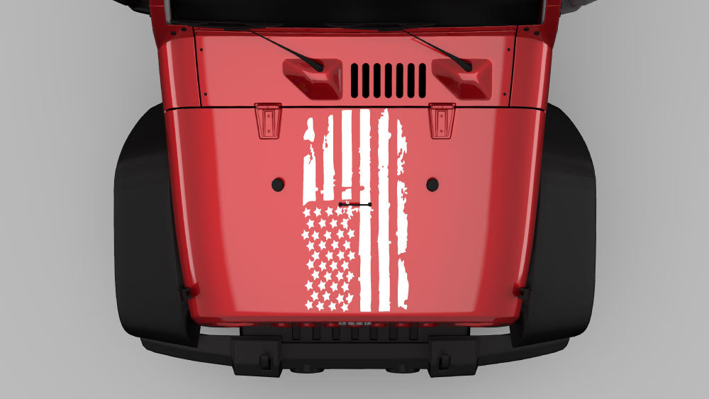 White vertical liberty flag hood decal on red Jeep Wrangler JK hood