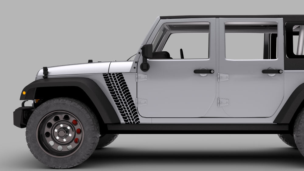 Silver Jeep Wrangler JK with vertical tire tread fender decal graphic in black near door hinge area
