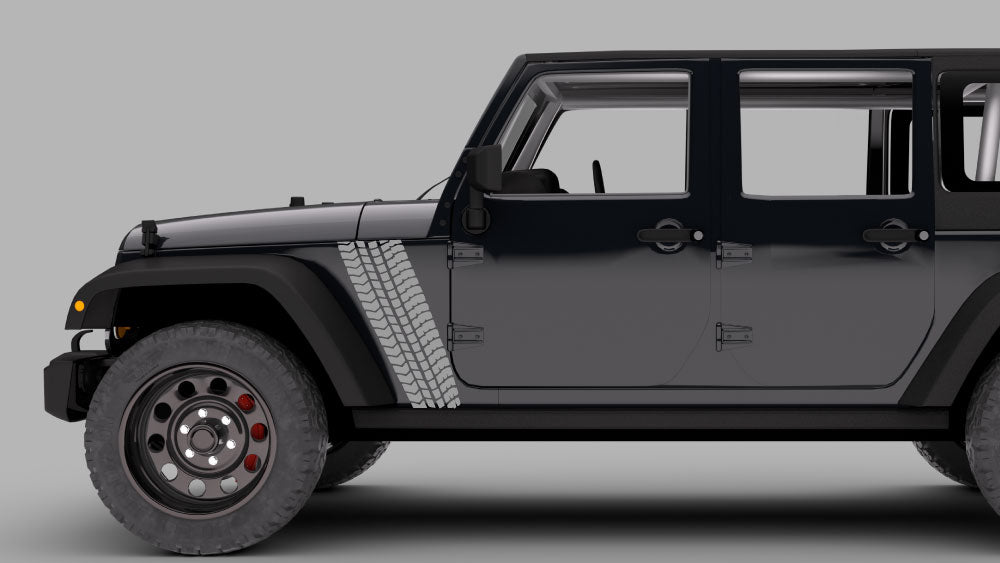 Black Jeep Wrangler JK with vertical tire tread fender decal graphic in gray near door hinge area