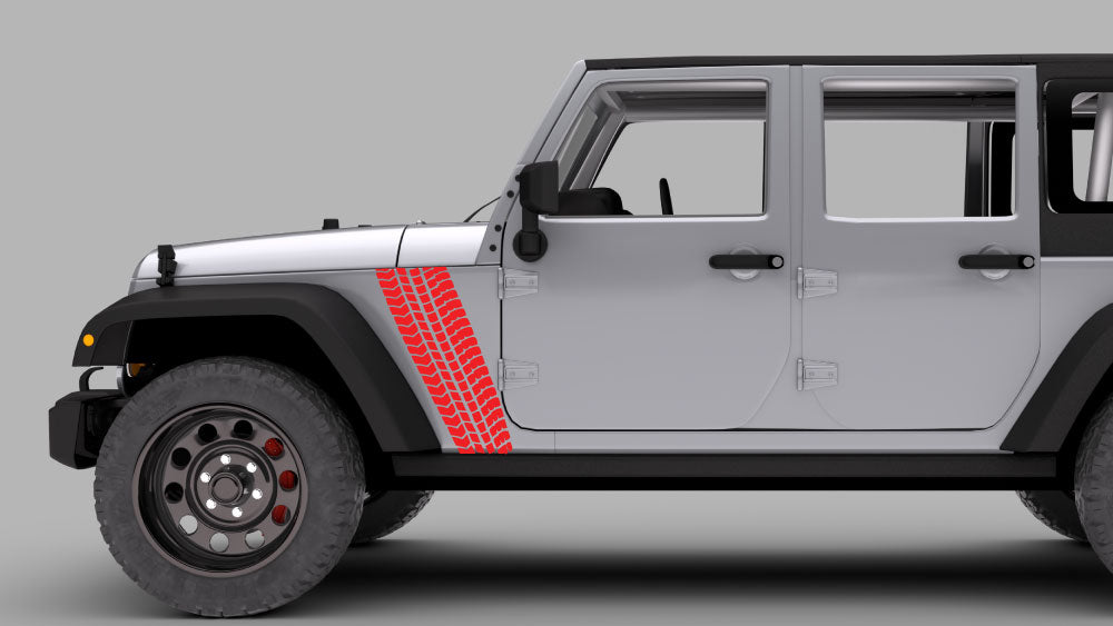 Silver Jeep Wrangler JK with vertical tire tread fender decal graphic in red near door hinge area