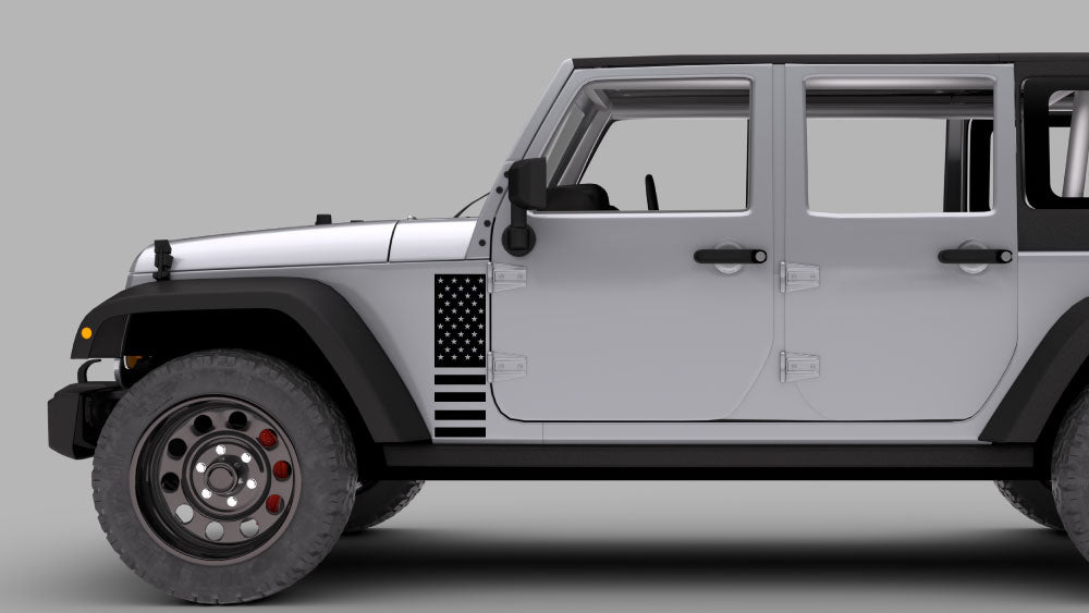 Jeep Wrangler JK with vertical USA flag fender decal in black on driver side front quarter panel