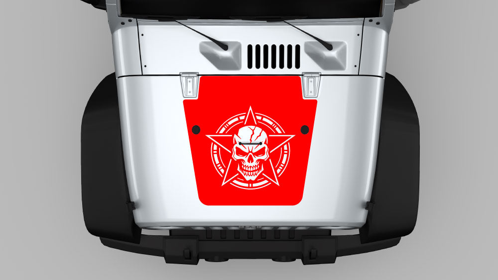 Red warborn skull star hood decal vinyl graphic on Jeep Wrangler JK hood