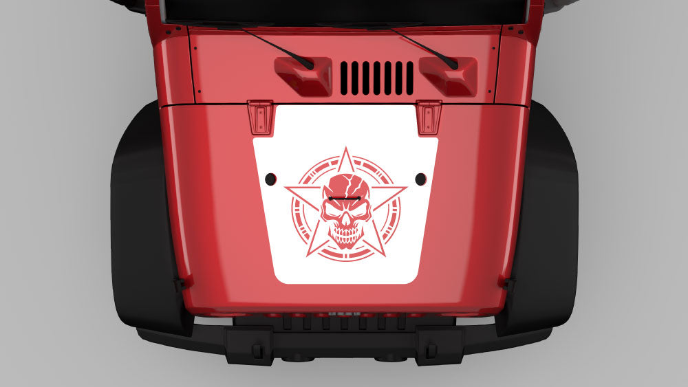 White warborn skull star hood decal on red Jeep Wrangler JK hood