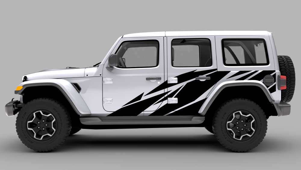 White Jeep Wrangler JL with black Warlord angled slash side decals across the doors and rear quarter panel.