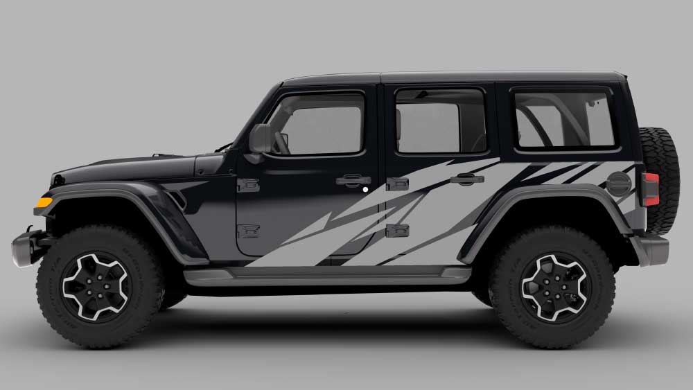 Black Jeep Wrangler JL with light gray Warlord angled slash side decals across the doors and rear quarter panel.