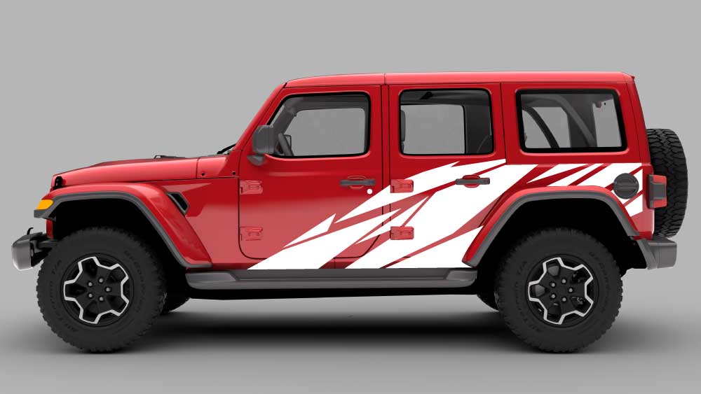 Red Jeep Wrangler JL with white Warlord angled slash side decals across the doors and rear quarter panel.