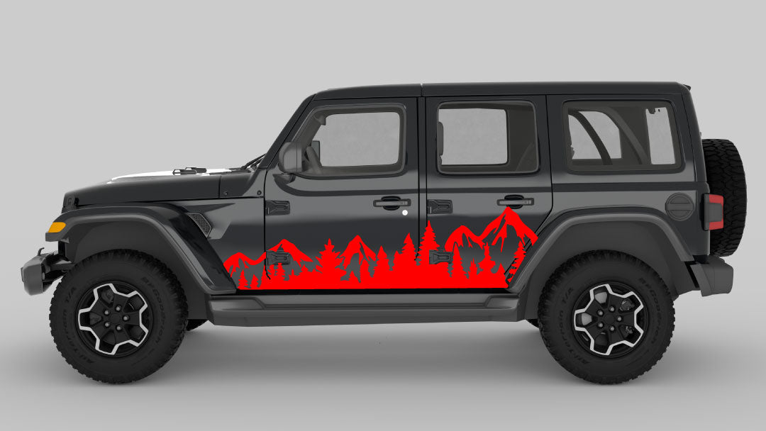 Red Adventure Ridge Mountain & Tree Side Decals on Black Jeep Wrangler JL