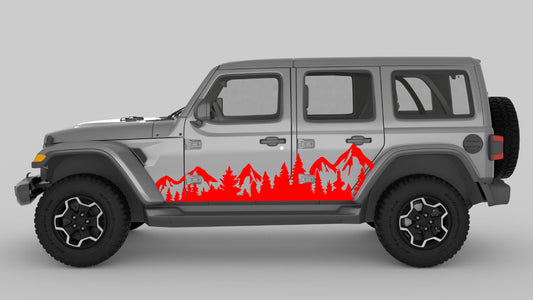 Red Adventure Ridge Mountain & Tree Side Decals on Gray Jeep Wrangler JL