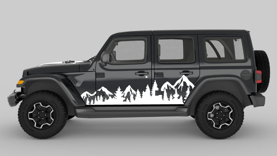 White Adventure Ridge Mountain & Tree Side Decals on Black Jeep Wrangler JL