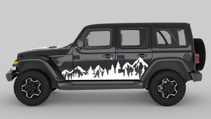 White Adventure Ridge Mountain & Tree Side Decals on Black Jeep Wrangler JL