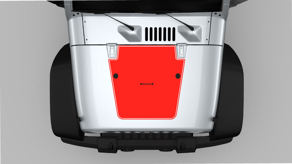 Red blackout hood decal style B compatible with Jeep Wrangler JK – outlined hood panel design