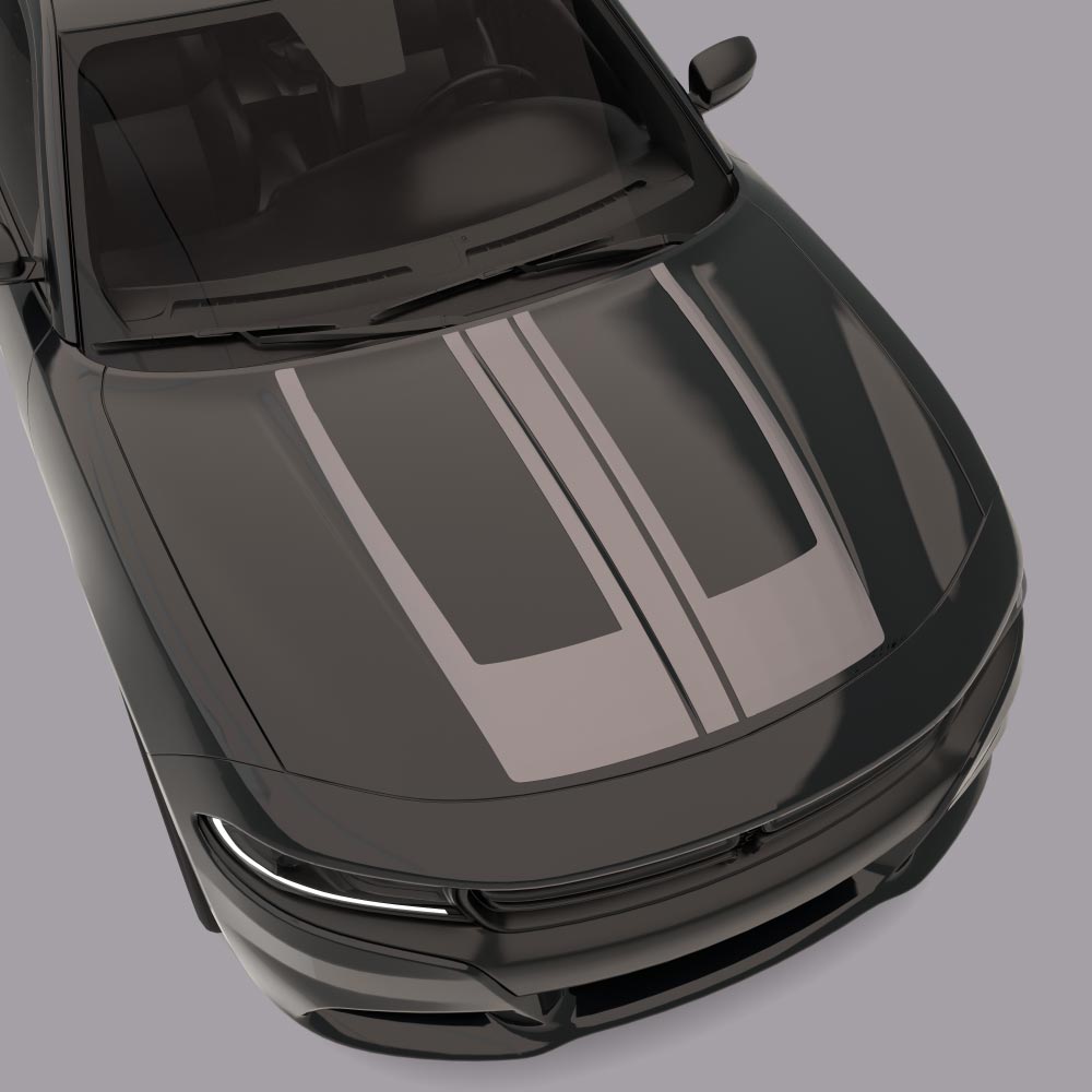 Black car with gray Centre Hood Accent Stripes