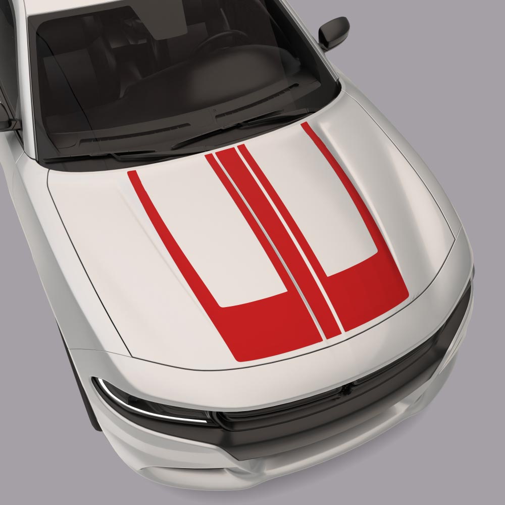 white car with red Centre Hood Accent Stripes