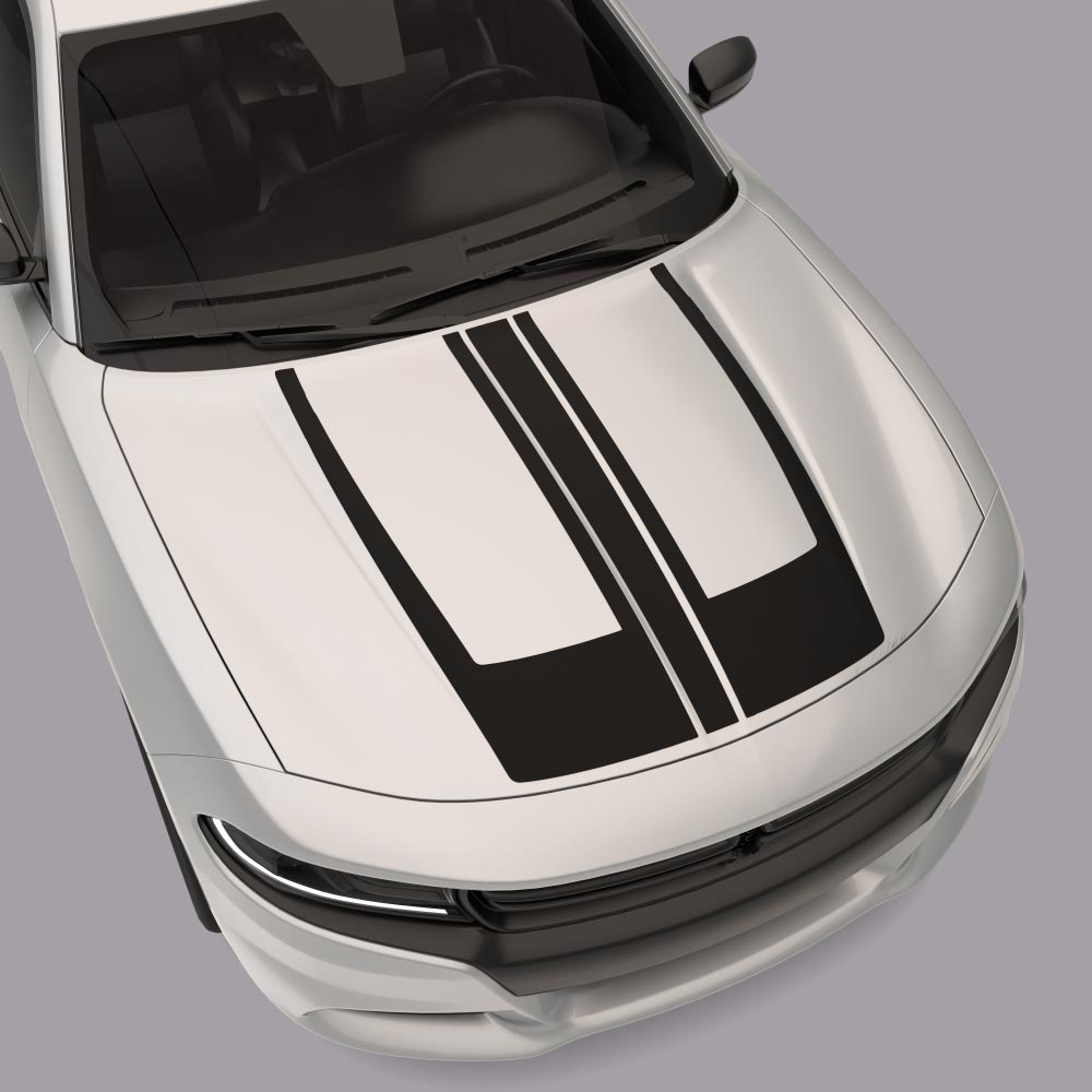 white car with black Centre Hood Accent Stripes