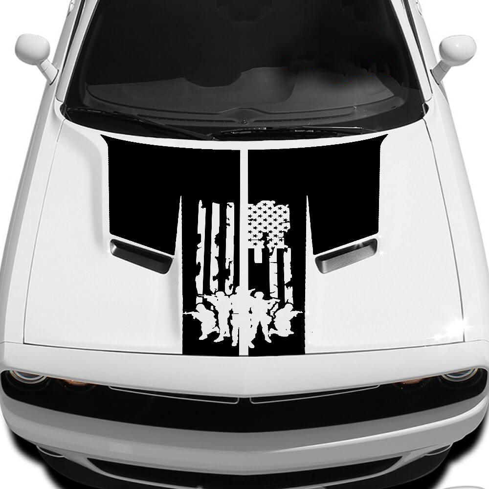 Dodge Challenger Defend US Flag Hood Decal : Vinyl Graphics Kit Fits (2015-2023)
