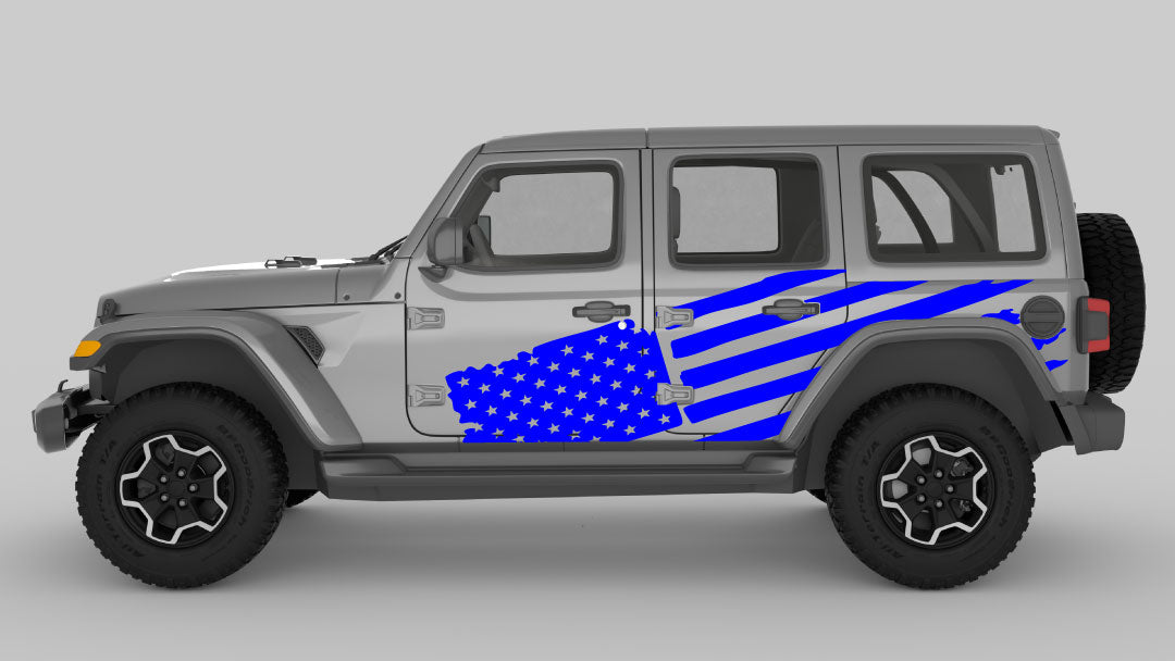 blue color Distressed American Flag Decals on Jeep Wrangler JL