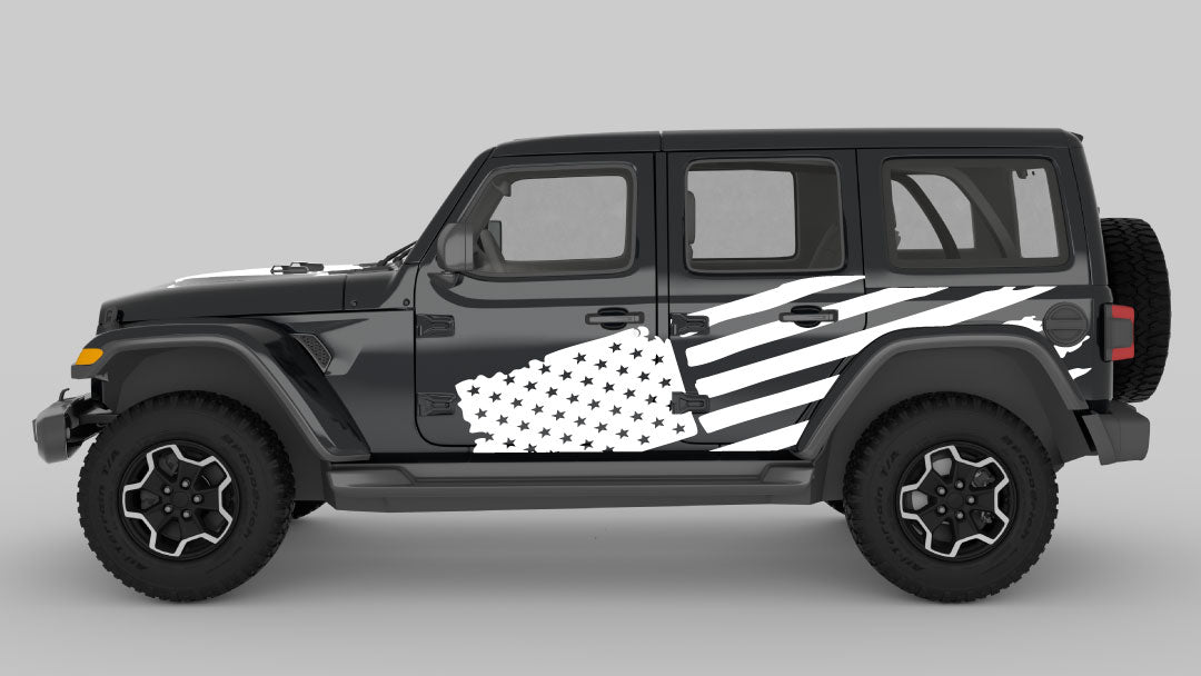 white color Distressed American Flag Decals on Jeep Wrangler JL