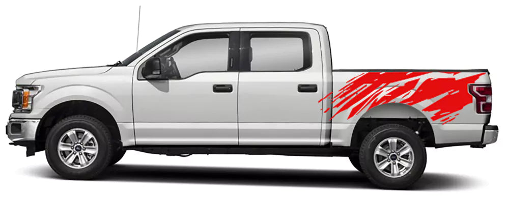 Red Splatter Slash bed decal on Ford F-150 2015-2020 bed side graphic