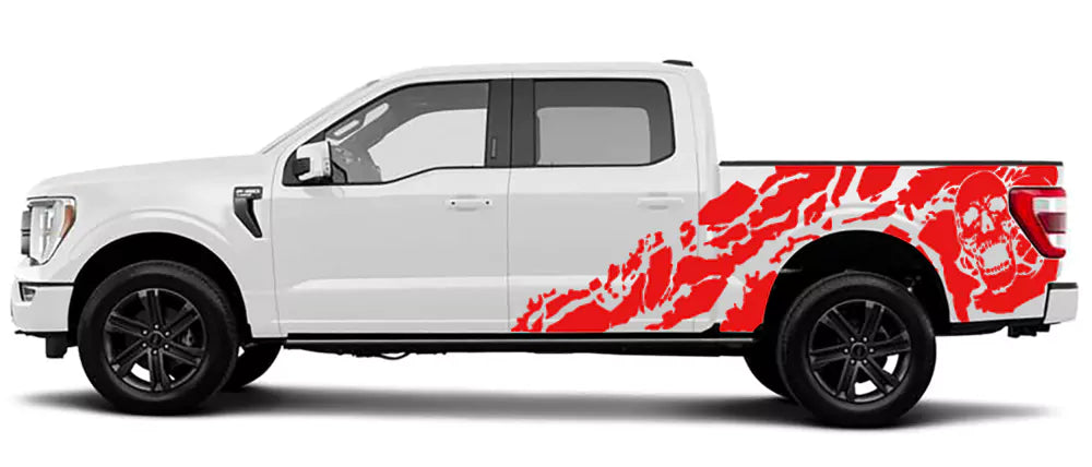 Red Ford F150 skull side decal applied to bed side of 2021–2026 F-150 truck