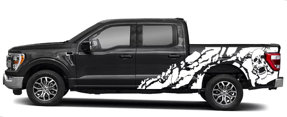 White Ford F150 skull side decal displayed on 2021–2026 F-150 bed side with shredded skull graphic