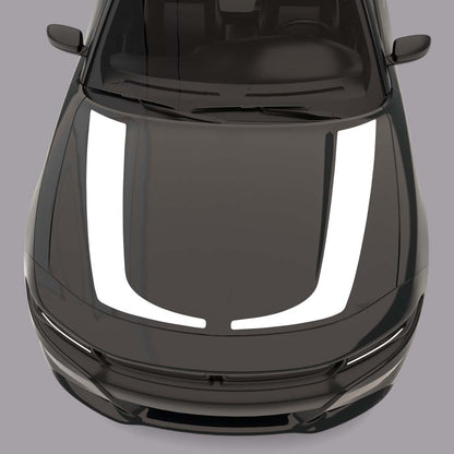 black car with white Hockey Stick Hood Stripes