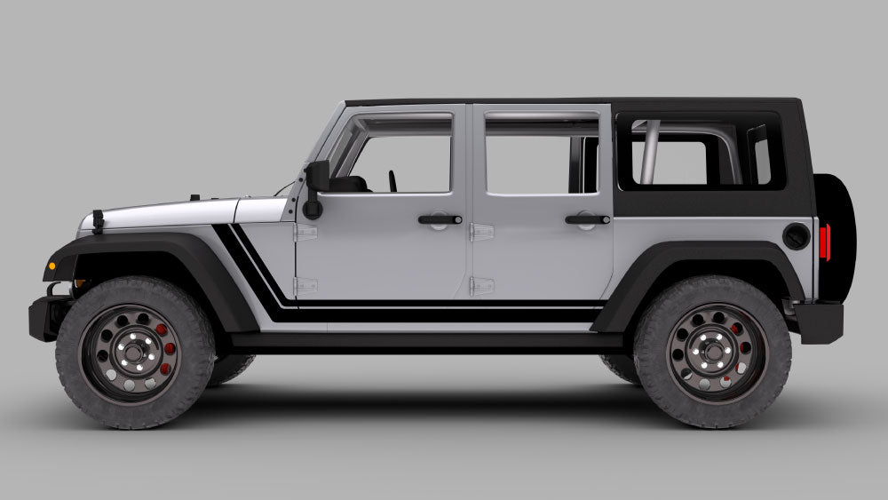 White Jeep Wrangler JK with black double pinstripe rocker decals along lower doors