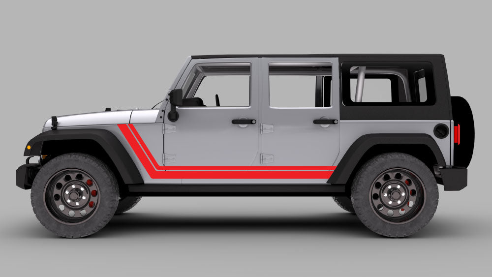Silver Jeep Wrangler JK with red double pinstripe rocker side stripe vinyl graphics kit