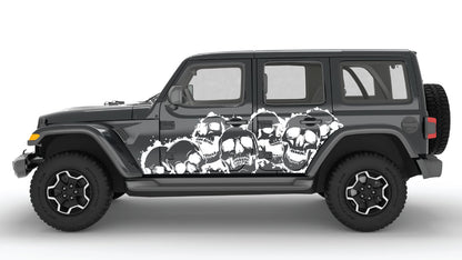 White Laugh Riot Skulls Side Decals on Black Jeep Wrangler JL