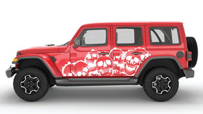 White Laugh Riot Skulls Side Decals on Red Jeep Wrangler JL