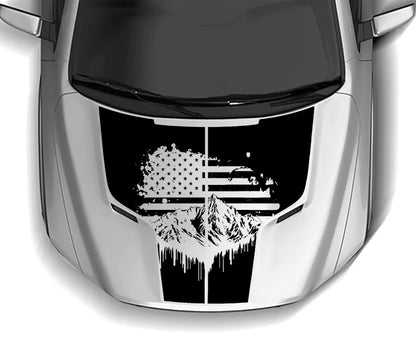 mountains and American flag hood graphics for dodge ram 1500 hemi 2009 to 2018 models black
