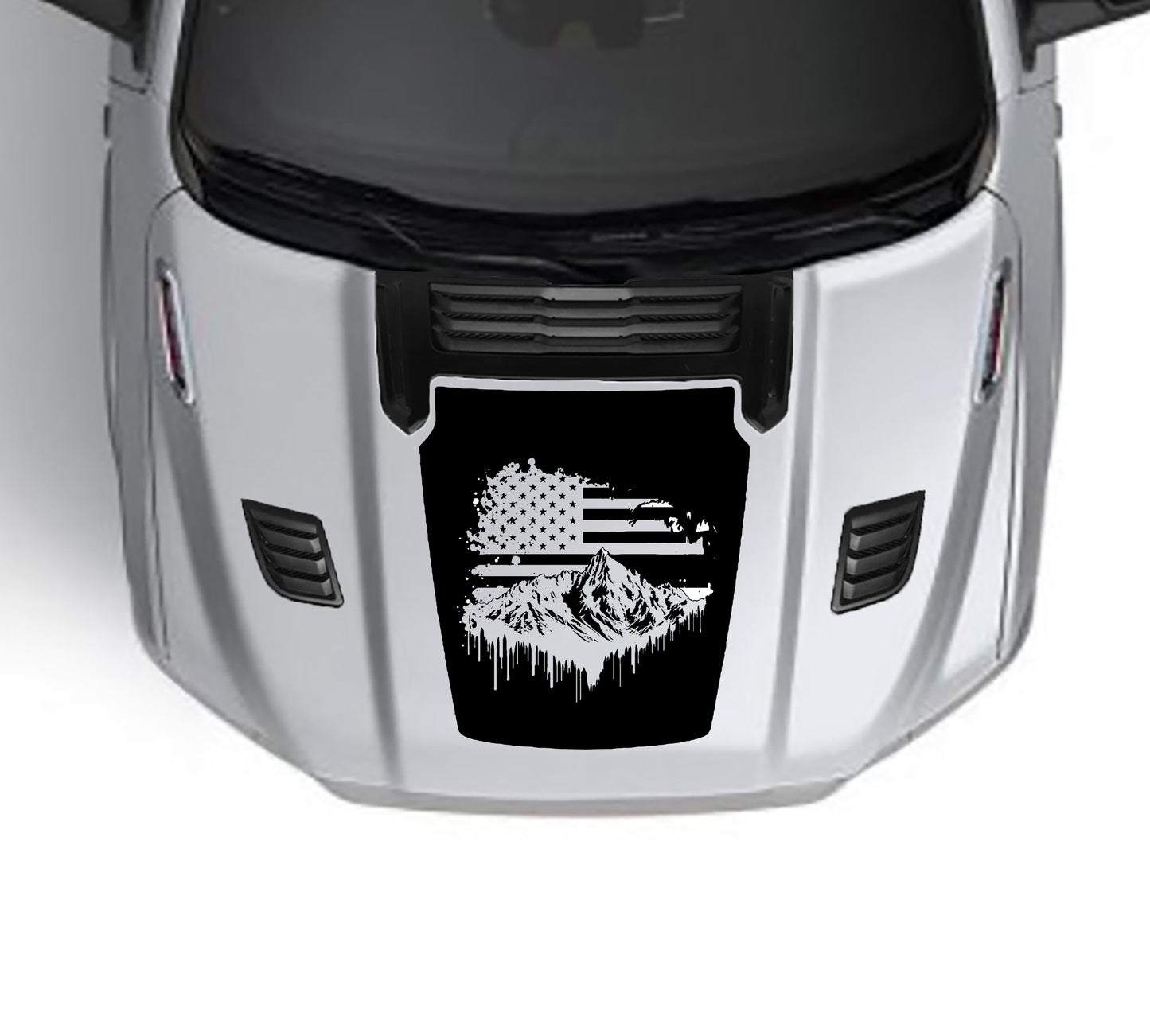 Mountain usa flag performance hood graphics for dodge ram 1500 2019 to 2023 models black